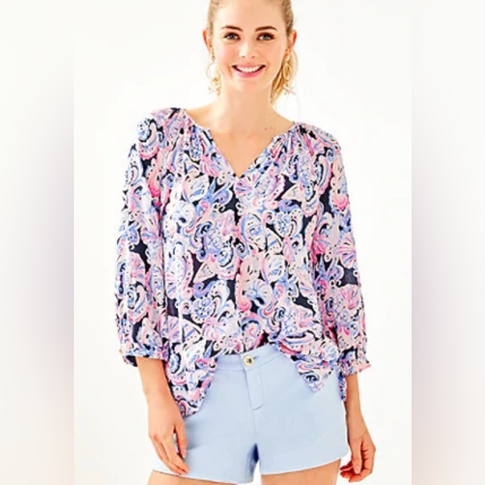 Lilly Pulitzer Willa Top High Tide Navy‎ It’s For Shore 3/4 Sleeve XXS NWT